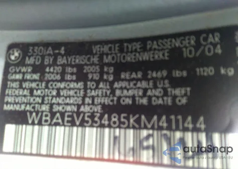 2005 BMW 330I из США, поврежденный, VIN WBAEV53485KM41144